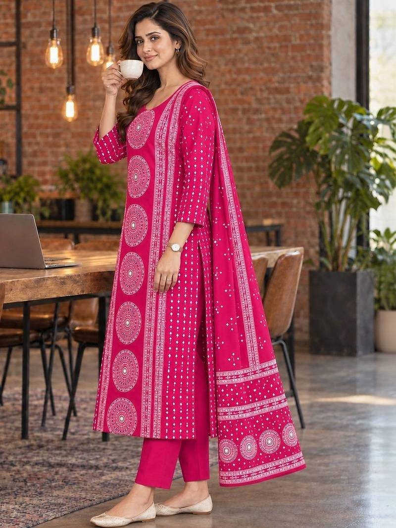 women ethnic motifs printed regular mirror work  cotton kurta with trousers & with dupatta