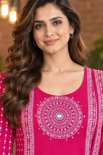 women ethnic motifs printed regular mirror work  cotton kurta with trousers & with dupatta