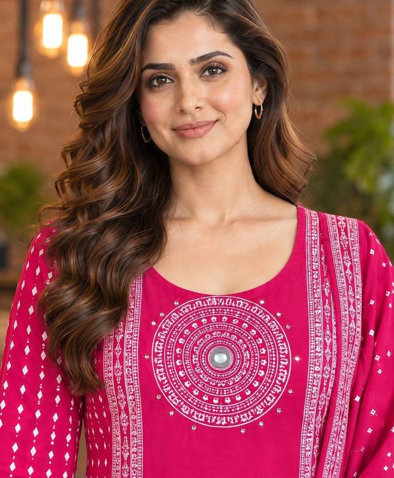 women ethnic motifs printed regular mirror work  cotton kurta with trousers & with dupatta