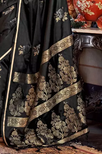 Black woven design zari satin banarasi saree