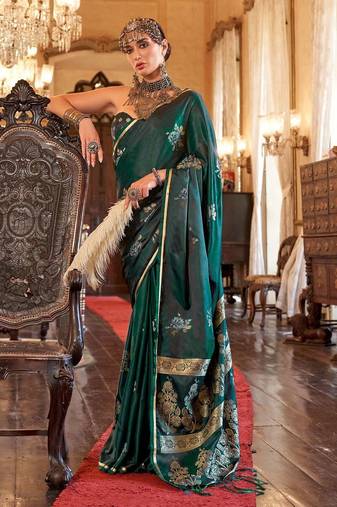 Green women woven design zari satin banarasi saree