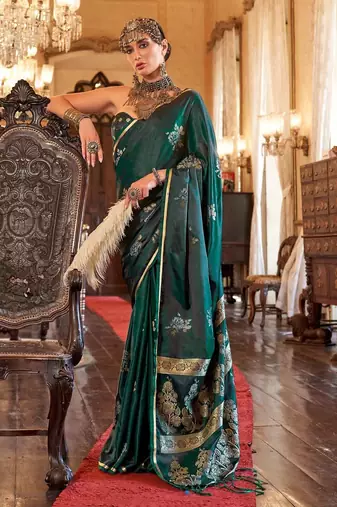 Green women woven design zari satin banarasi saree