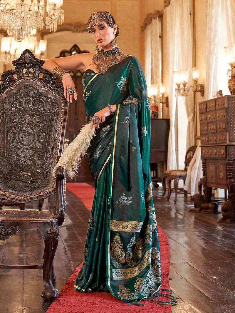 Green women woven design zari satin banarasi saree