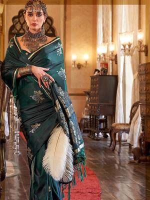 Green women woven design zari satin banarasi saree 2