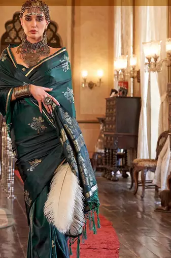 Green women woven design zari satin banarasi saree