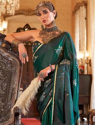 Green women woven design zari satin banarasi saree 3