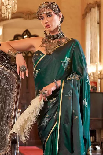 Green women woven design zari satin banarasi saree