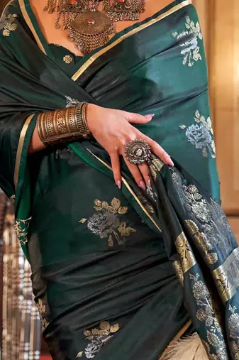 Green women woven design zari satin banarasi saree
