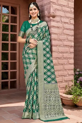 Green geometric embroidered zari saree