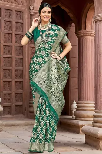 Green geometric embroidered zari saree