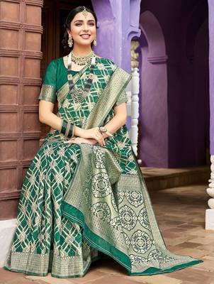 Green geometric embroidered zari saree 3