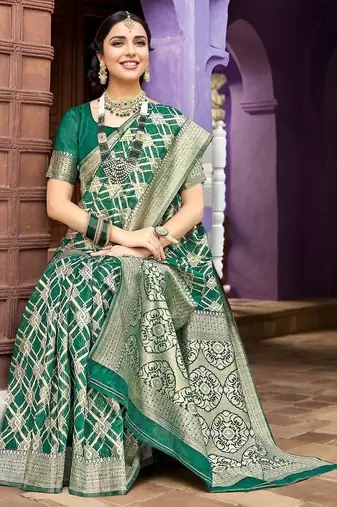 Green geometric embroidered zari saree