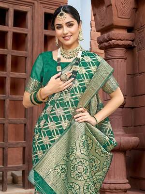 Green geometric embroidered zari saree 4