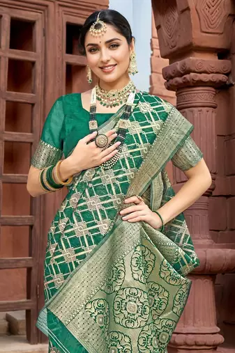 Green geometric embroidered zari saree