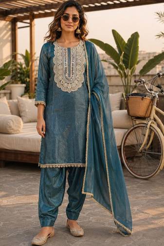 women ethnic motifs embroidered regular mirror work kurta with patiala & with dupatta