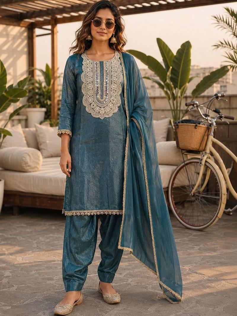 women ethnic motifs embroidered regular mirror work kurta with patiala & with dupatta