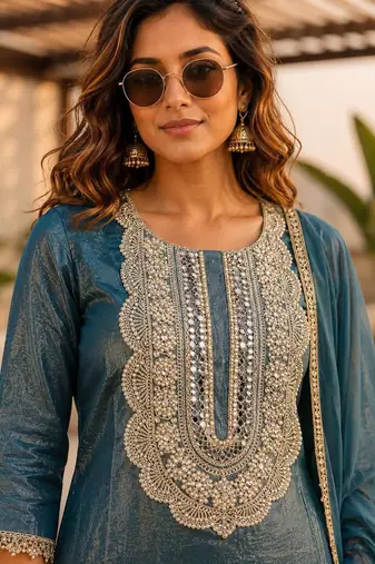 women ethnic motifs embroidered regular mirror work kurta with patiala & with dupatta