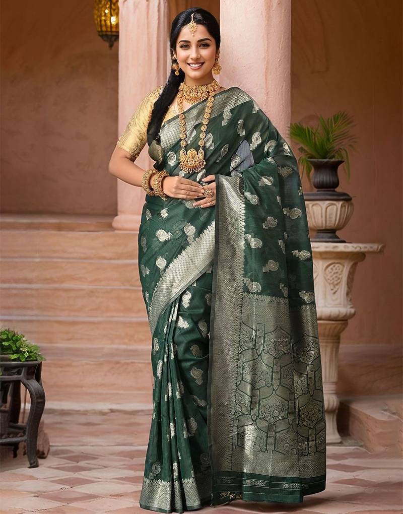 Green paisley woven design chanderi saree