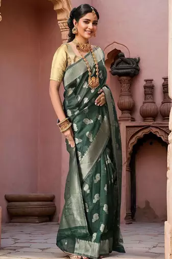 Green paisley woven design chanderi saree