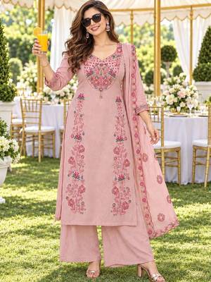 women floral embroidered regular thread work chanderi silk kurta with palazzos & with dupatta 1