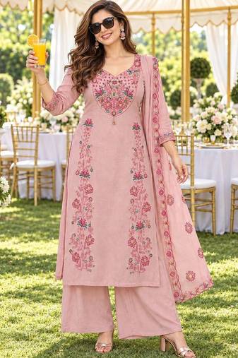 women floral embroidered regular thread work chanderi silk kurta with palazzos & with dupatta