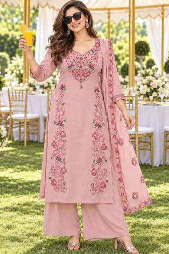 women floral embroidered regular thread work chanderi silk kurta with palazzos & with dupatta