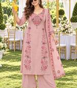 women floral embroidered regular thread work chanderi silk kurta with palazzos & with dupatta