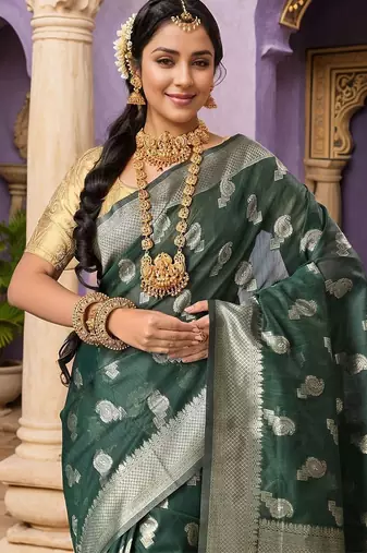 Green paisley woven design chanderi saree