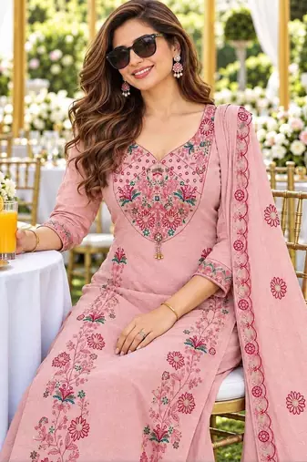 women floral embroidered regular thread work chanderi silk kurta with palazzos & with dupatta