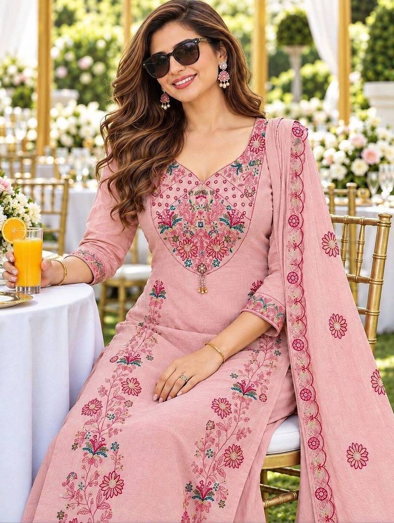 women floral embroidered regular thread work chanderi silk kurta with palazzos & with dupatta