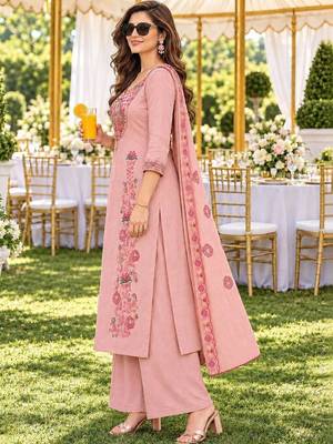 women floral embroidered regular thread work chanderi silk kurta with palazzos & with dupatta 4