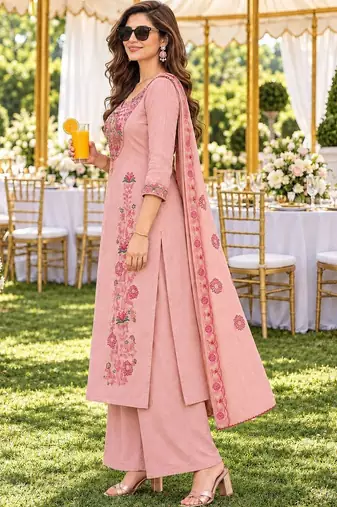women floral embroidered regular thread work chanderi silk kurta with palazzos & with dupatta