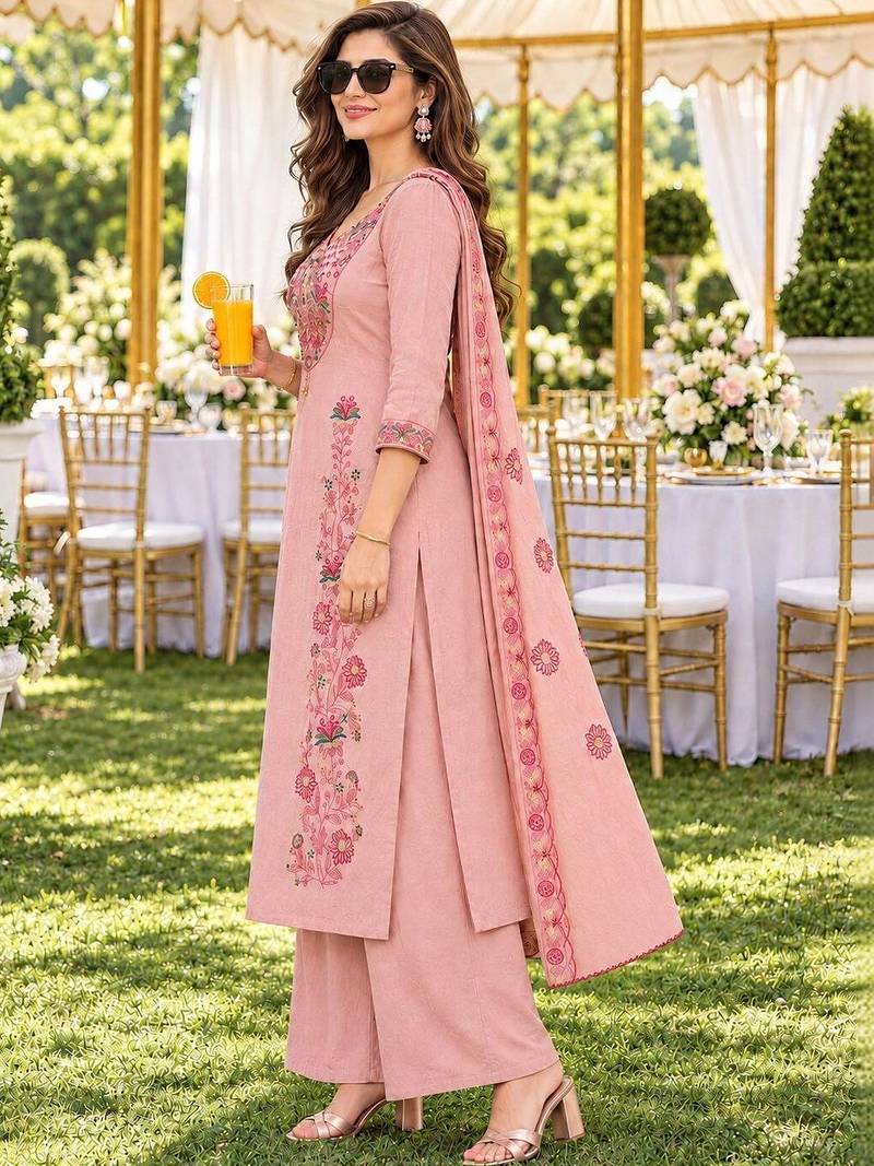 women floral embroidered regular thread work chanderi silk kurta with palazzos & with dupatta