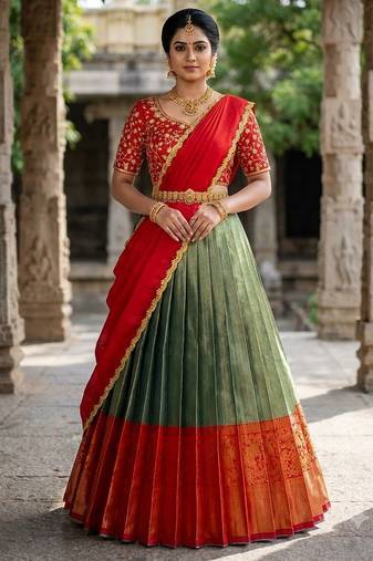 South Indian Style Semi-Stitched Half Saree with Blouse and Dupatta