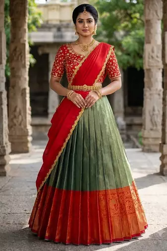 South Indian Style Semi-Stitched Half Saree with Blouse and Dupatta