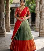 South Indian Style Semi-Stitched Half Saree with Blouse and Dupatta