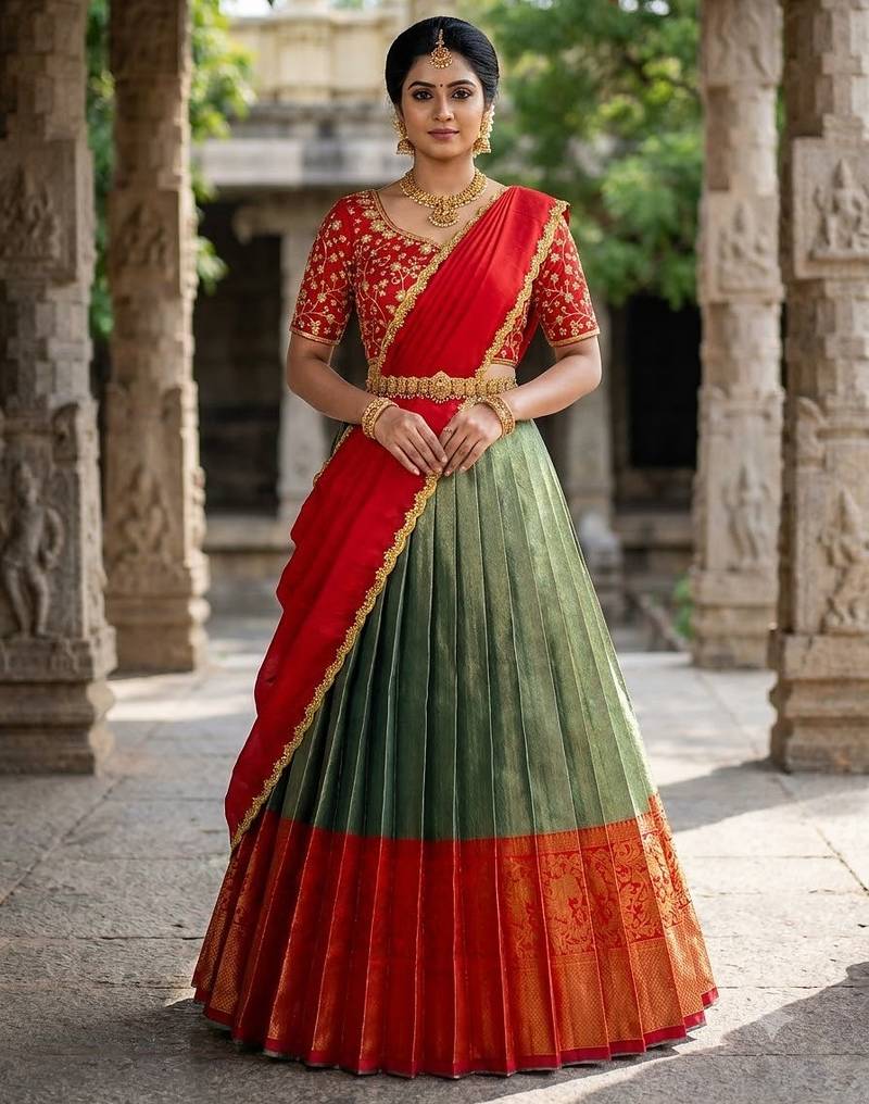South Indian Style Semi-Stitched Half Saree with Blouse and Dupatta