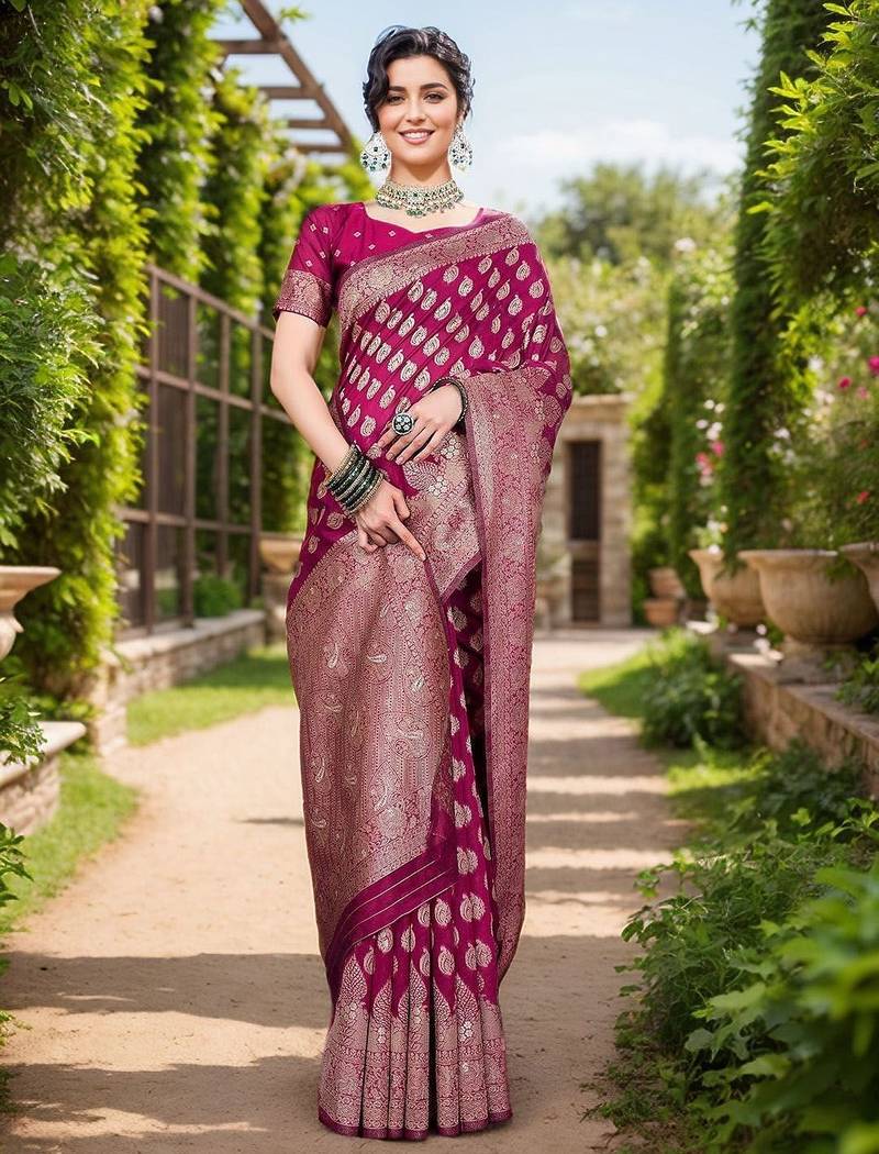 Magenta ethnic motifs zari chanderi saree