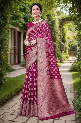Magenta ethnic motifs zari chanderi saree