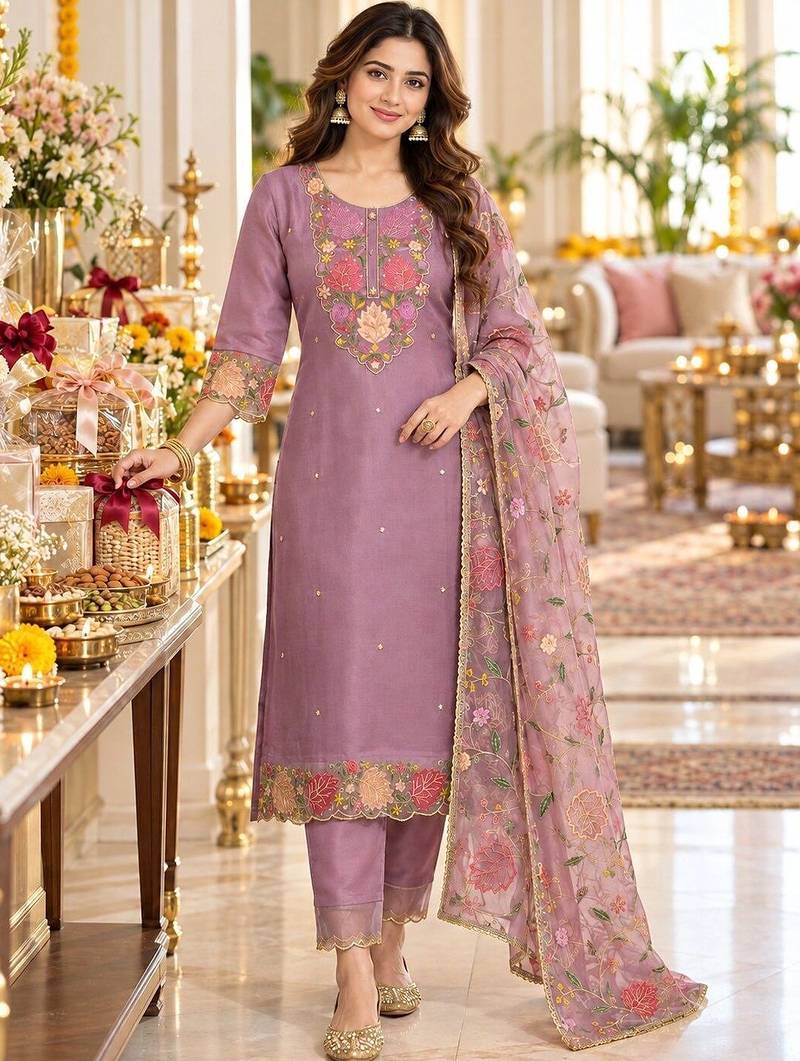 women floral embroidered regular thread work kurta with trousers & with dupatta