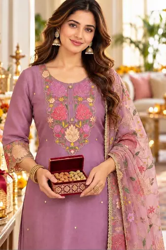 women floral embroidered regular thread work kurta with trousers & with dupatta