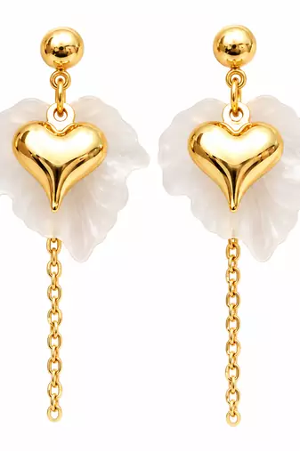 Anti-tarnish, stud back closure, dangling chain, puffy heart charm