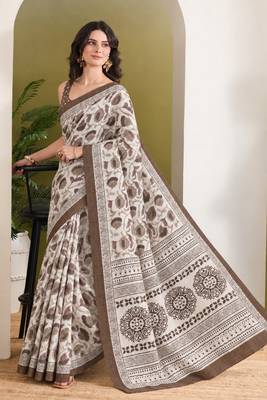 Brown batik printed silk blend ready to wear saree 1