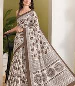 Brown batik printed silk blend ready to wear saree