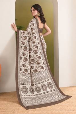 Brown batik printed silk blend ready to wear saree 2