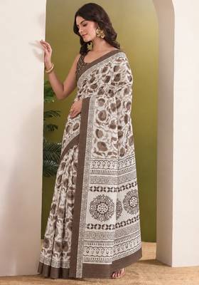 Brown batik printed silk blend ready to wear saree 3