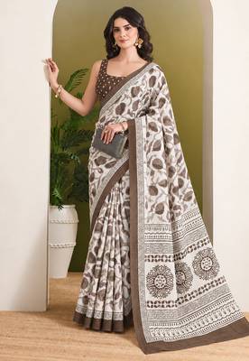 Brown batik printed silk blend ready to wear saree 4
