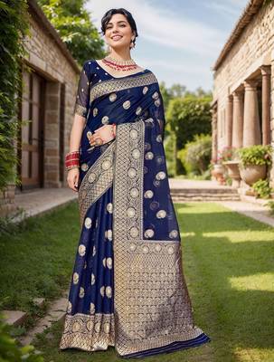 Navy blue floral embroidered zari organza saree 1