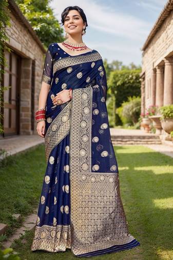 Navy blue floral embroidered zari organza saree