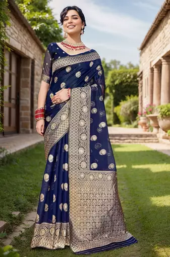 Navy blue floral embroidered zari organza saree